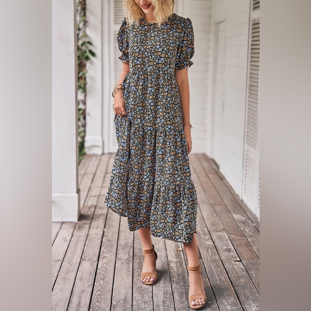 PRETTYGARDEN Summer Casual Boho Floral Print Midi Dress.